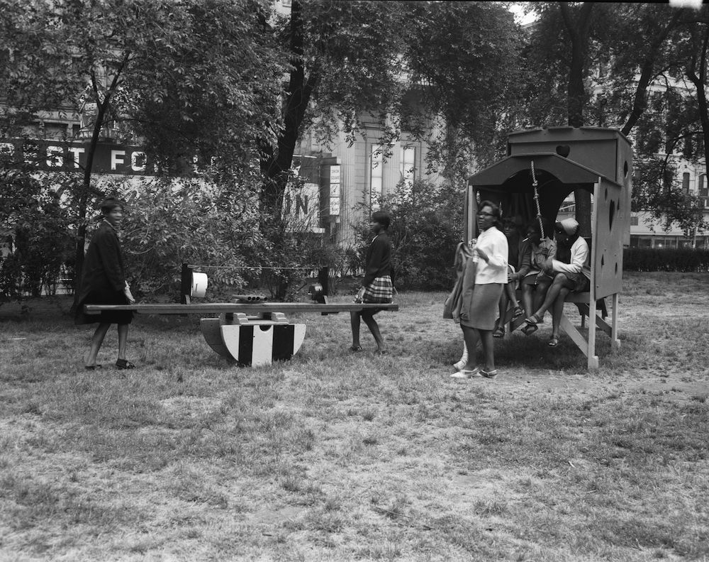 William Accorsi, AOOGA, Union Square Park, 1967, NYC Parks Photo Archive. William Accorsi’s playful sculptures at Union Square’s “Check-A-Child” Playground were the first temporary public artworks installed in Union Square, and came 111 years after Henry Kirk Brown’s George Washington monument arrived in the park (the first permanent public artwork on city parkland).<br/>